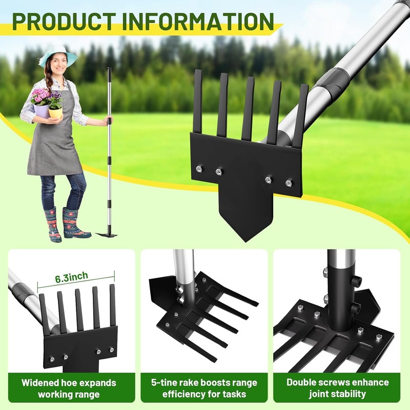 Ukiupop 2-in-1 Heavy-Duty Weed Puller Tool with 5-Tine Rake – 30" to 60" Adjustable Handle, Hoes for Gardening, Hoe Garden Tools for Loosening Soil, Planting, Weeding - Image 5